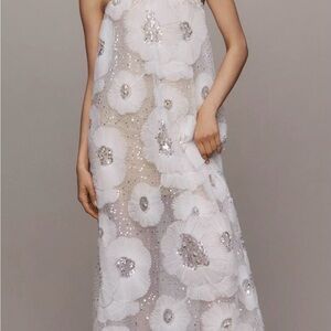 Elegant Strapless White Floral Dress with Silver Details